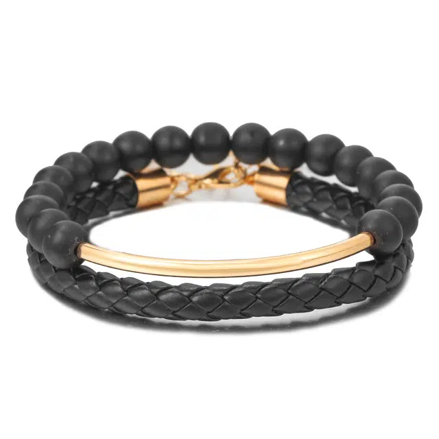 前方大荒野 磨砂珠叠戴手饰多层编织皮革链时尚复古氛围感日常通勤穿搭个性潮流街头小众设计转运 树脂 手链 男款