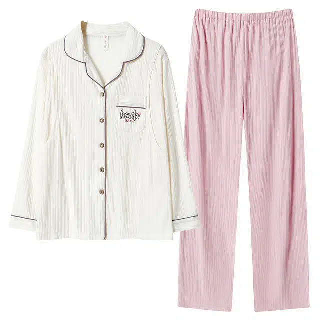 莫代尔 透气亲肤翻领柔软舒适细腻微弹简约长袖长裤月子服家居服可外穿睡衣套装 女款 粉紫