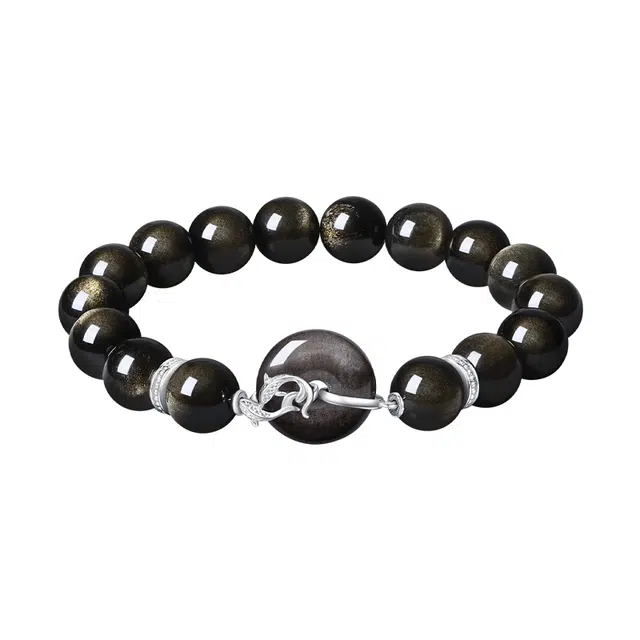 【好运招财】 周大生 玉上锦鲤纯银镶玉锦鲤平安扣手饰小众精致新中式国潮国风饰品表白纪念日生日好礼 黑曜石 手串 男款