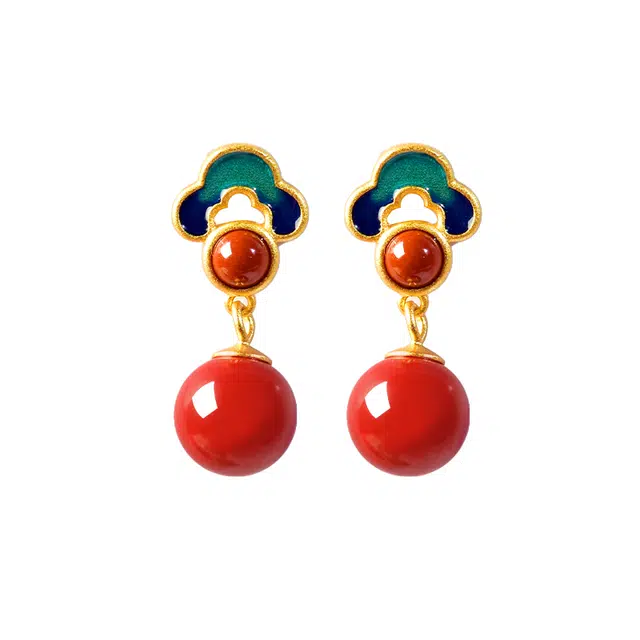 东海世家 国潮新中式国风原创设计显白红砂紫砂中国红女神#好运气质时尚文艺小众高级感 朱砂 耳环 男女同款情侣款