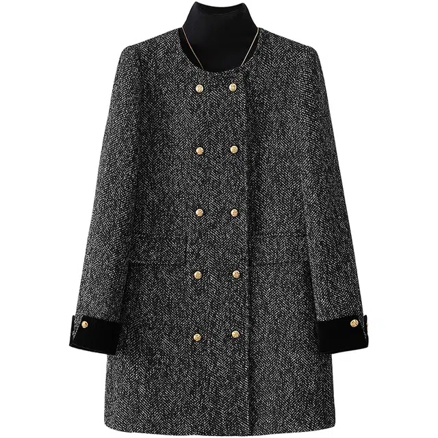 她池 圆领双排扣法式复古小香风连衣裙截短外套 女款 黑灰色
