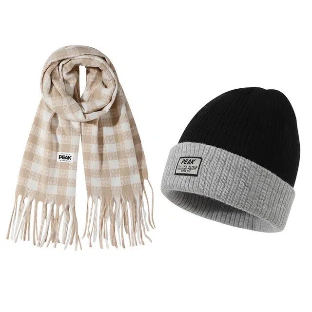 匹克 千鸟格  高级感氛围感穿搭小香风保暖防风防寒加厚套装 绒线围巾 女款