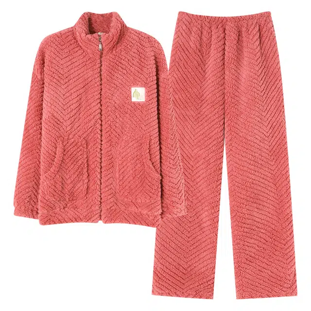 乐姿韵 甜美纯色时尚口袋开衫拉链柔软舒适休闲睡衣套装 女款 橙红色