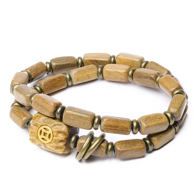 三檀小舍 国潮国风双圈叠戴节节高升招财进宝 小众潮流文玩盘玩 檀木 木作手串 男女同款情侣款 绿檀