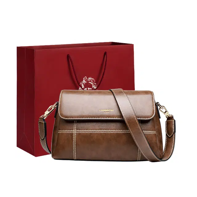 老人头 复古百搭通勤软皮休闲简约耐用 牛皮 单肩包斜挎包 女款 焦糖色