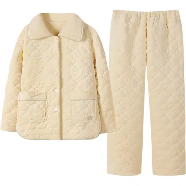 北极绒 珊瑚绒纯色三层夹棉法兰绒长袖长裤睡衣套装 女款