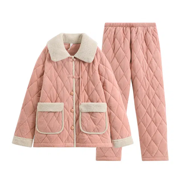 芬腾 翻领开衫加厚保暖长袖长裤睡衣套装 女款 胭脂粉