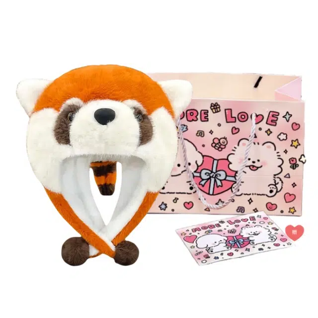 胖胖龙 小熊猫冬季保暖暖心帽子 毛绒卡通小浣熊防风帽 可爱会动耳朵帽防寒护耳 治愈搞怪 玩偶周边