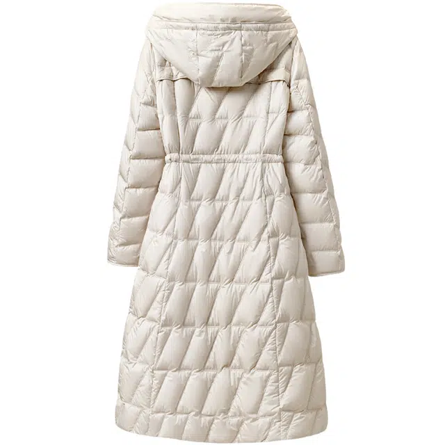 她池 宽松气质收腰保暖中长款连帽棉服 女款 米色