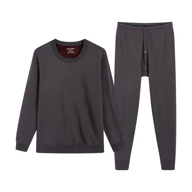 贴身领域 加厚加绒青年圆领纯色可外穿简约内衣秋衣秋裤打底保暖套装 男款