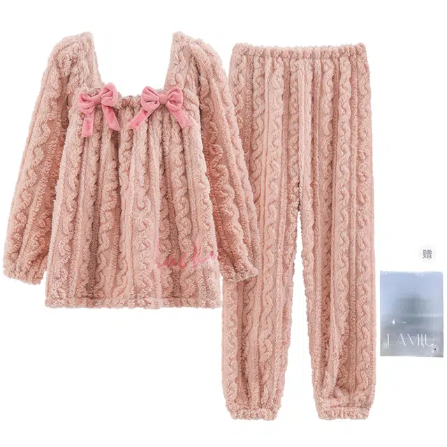 兰缪 双面保暖提花绒方领长袖长裤家居服可爱甜美蝴蝶结设计抗寒舒适透气遮肉亲肤柔软可外穿睡衣套装 女款