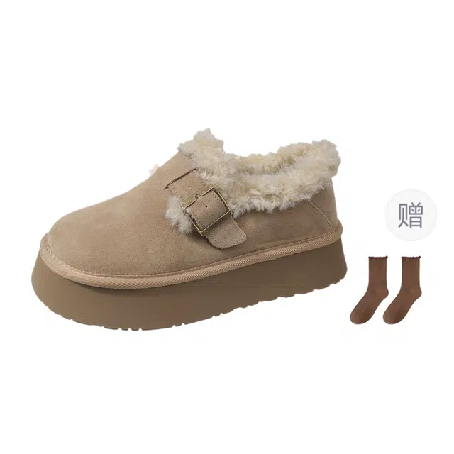 小鹿米利 翻毛皮 保暖耐磨增高防滑 校园风厚底加绒加厚通勤户外毛毛勃肯 及踝 雪地靴 女款