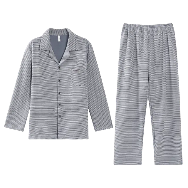 兰缪 加厚发热长袖舒适亲肤条纹睡衣套装 男款 图色