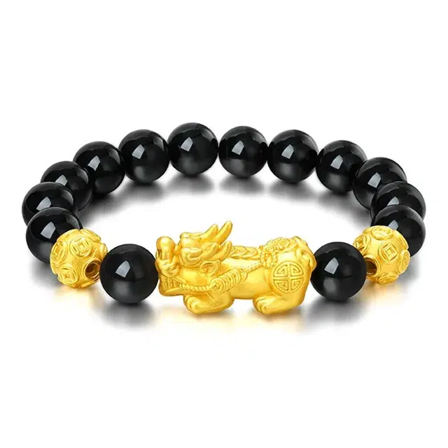 六桂福珠宝 招财貔貅 国潮新中式小众设计高级感招财进宝 平安纳福吞金兽财运亨通 黑曜石 手串 男女同款情侣款