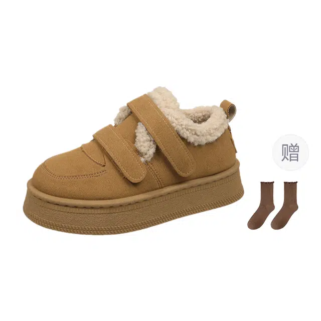 小鹿米利 牛反绒 保暖耐磨增高防滑 平底加绒丑萌百搭通勤休闲毛毛鞋外穿 及踝 雪地靴 女款