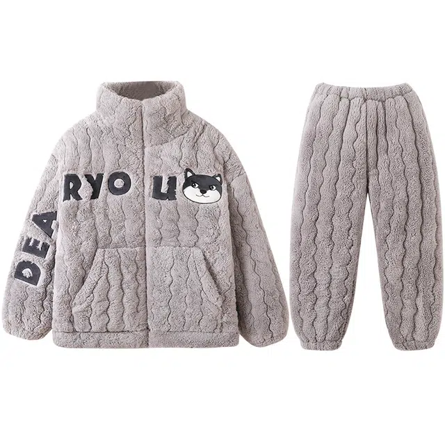 俏霓桐 学生时尚居家加绒三层夹棉加厚青少年可外穿立领简约保暖长袖长裤睡衣套装 男款 图色