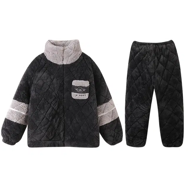 俏霓桐 青少年加绒三层夹棉珊瑚绒加厚立领可外穿保暖长袖长裤家居服睡衣套装 男款 图色