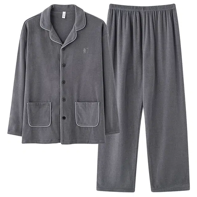 莫代尔 简约风休闲翻领开衫透气舒适柔软亲肤保暖微弹家居服可外穿睡衣套装 男款 灰色
