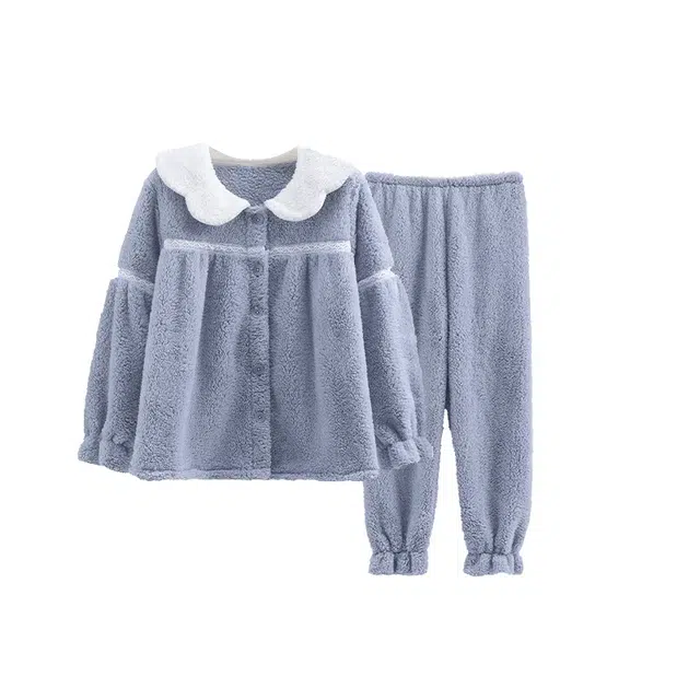 乐姿韵 可爱公主风娃娃领加厚柔软舒适长袖长裤家居服睡衣套装 女款 蓝色