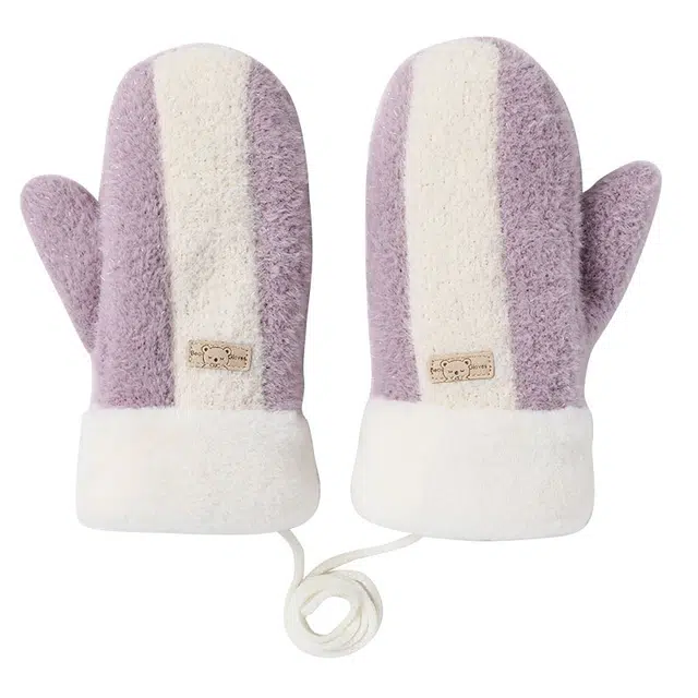 南极人 冬季加绒厚可爱连指全包毛绒韩版学生骑行防风防寒挂脖保暖 加厚 绒线手套 女款