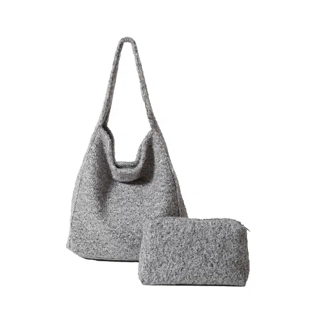 草丛喵喵喵 慵懒风时尚百搭托特休闲通勤大容量法式秋冬 织物 单肩包 常规 女款 灰色