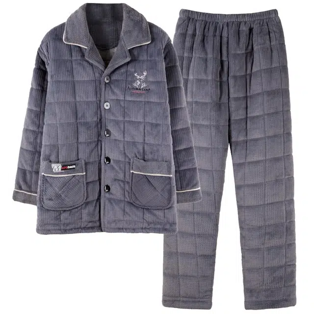 莫代尔 简约翻领舒适柔软亲肤加厚保暖微弹家居服可外穿睡衣套装 男款 灰暮色