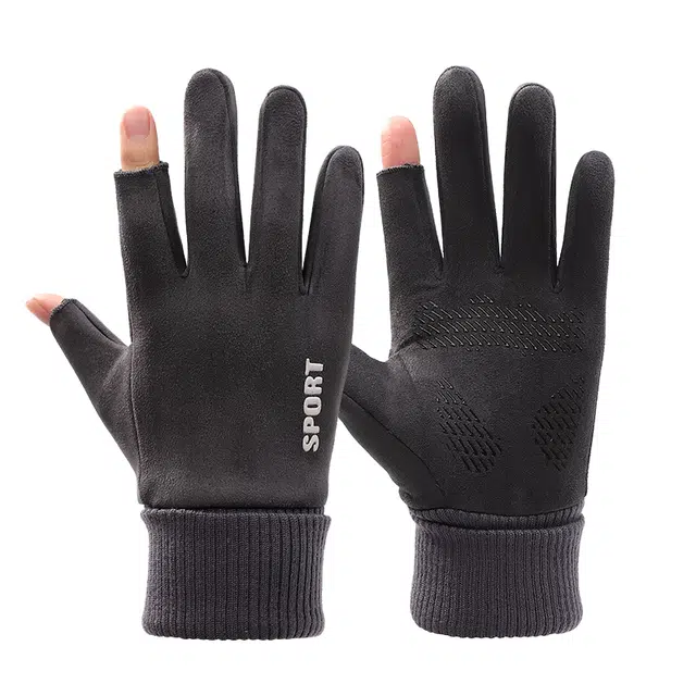 俞兆林 冬季保暖加绒露二指骑车触屏骑行开车户外登山钓鱼防寒 防滑 手套 男款