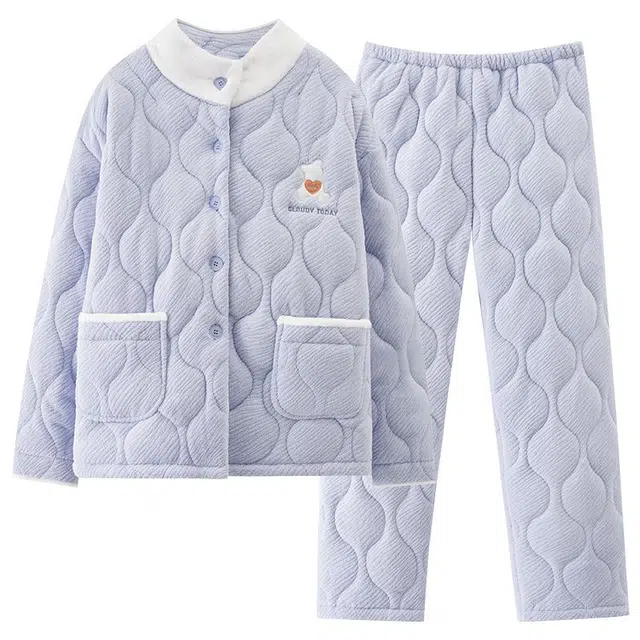 俞兆林 日系爱心小熊珊瑚绒夹棉袄保暖加绒加厚蓄热法兰绒长袖长裤睡衣套装 女款 蓝色