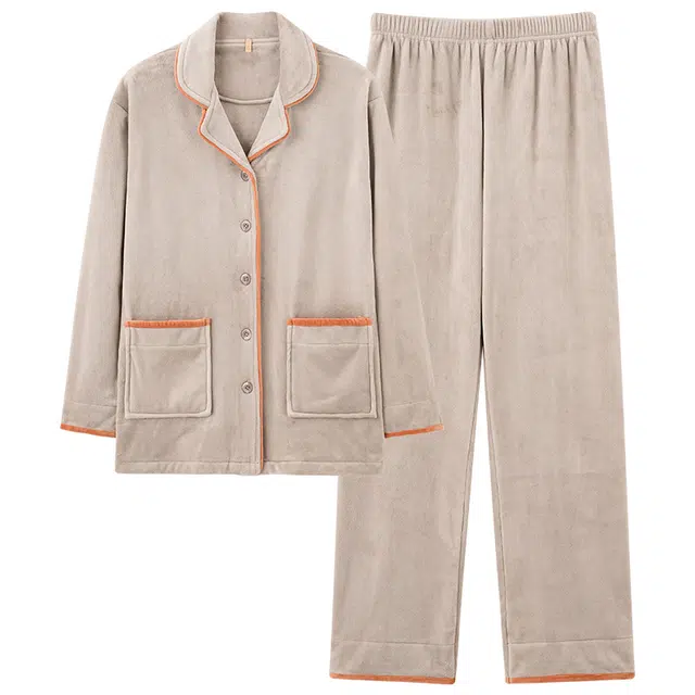 莫代尔 素色韩版简约时尚长袖长裤保暖亲肤防寒舒适海岛绒开衫翻领可外穿睡衣套装 男女同款