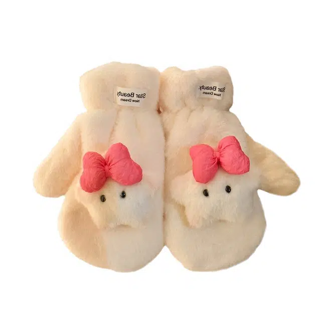 俞兆林 可爱蝴蝶结星星保暖加绒加厚骑车防风防寒 毛绒 绒线手套  男女同款情侣款