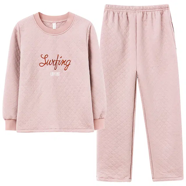 乐姿韵 高级感时尚字母卡通圆领亲肤舒适夹层棉长袖长裤睡衣套装 女款 粉色