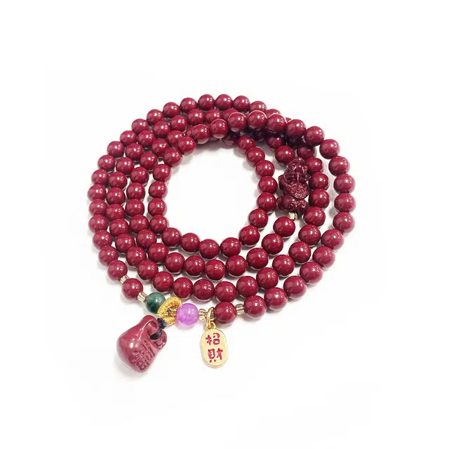 九隆古 吞金兽貔貅招财福袋钱袋 国潮转运本命命红色文玩盘玩串珠 生日#好运 再造辰砂朱砂 手串 男女同款情侣款