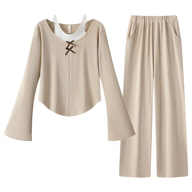 宫蝶 简约保暖休闲家居服可外穿睡衣套装 女款 杏色