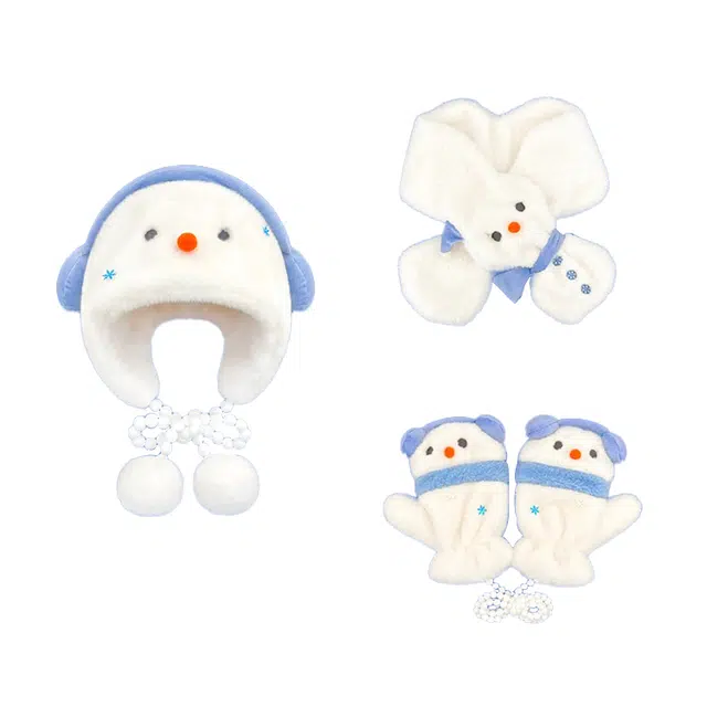 【萌趣小雪人】 雅鹿优选 冬季保暖可爱耳机雪人护耳毛绒帽子三件套女生围脖挂脖手套绒线帽套装 涤纶 绒线帽 女款