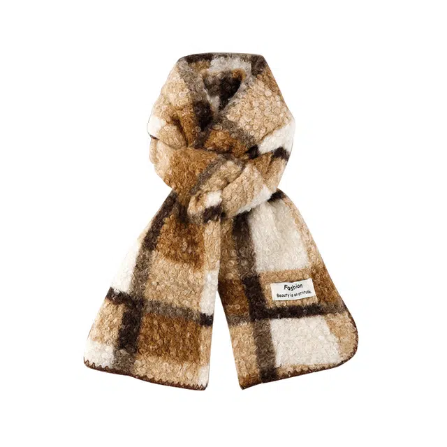 木林森 羊羔毛绒拼色格子围脖 秋冬韩系氛围感软糯围脖防寒保暖 绒线围巾 男女同款情侣款