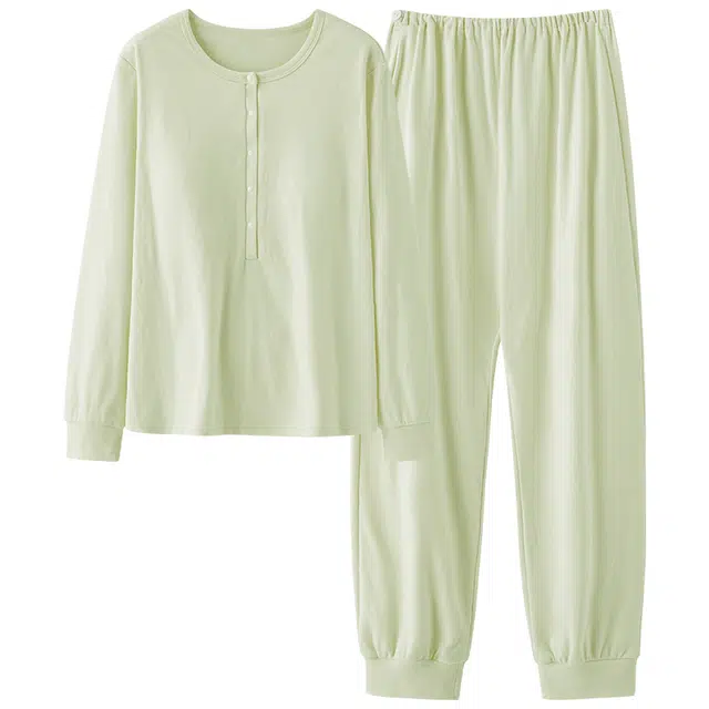 莫代尔 休闲简约纯色圆领舒适保暖微弹亲肤细腻长袖长裤带胸垫月子服可外穿睡衣套装 女款 浅绿色