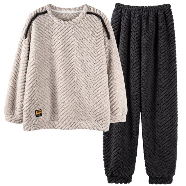 夏芬妍 宽松休闲舒适坑纹圆领家居服加绒加厚保暖蓄温长袖长裤可外穿秋冬款睡衣礼盒 男女同款 灰杏色