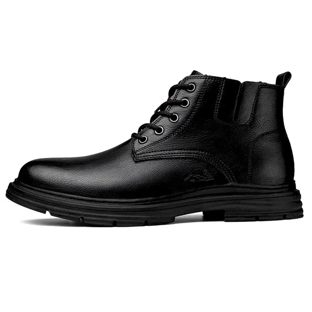 英伦骑士 系带 户外 百搭 防水 厚底增高 复古 真皮 时尚 短筒 马丁靴 男款 黑色