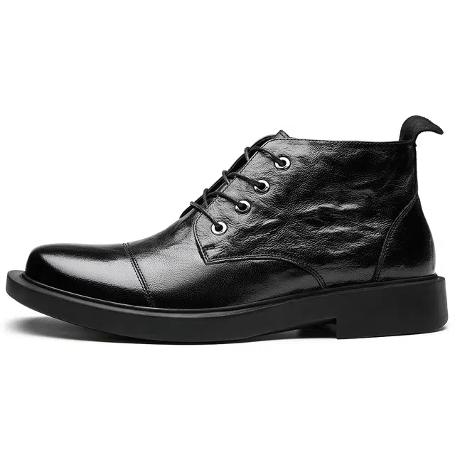 法派 头层羊皮 纯色 经典系带 橡胶底 短靴 男款 黑色