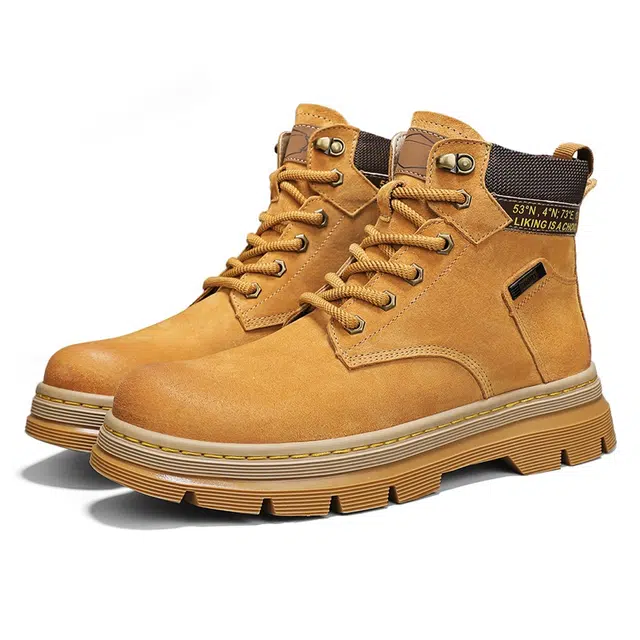 头层猪皮 复古真皮防滑增高英伦风休闲大黄靴 中筒 马丁靴 男款