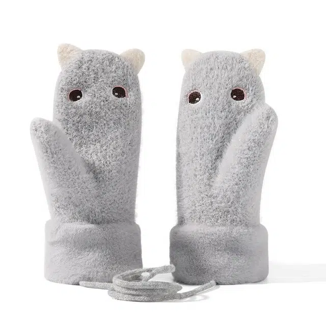 俞兆林 冬季保暖挂脖加绒加厚女可爱小猫毛绒保暖学生全包连指骑车防风防寒 毛茸 绒线手套 女款