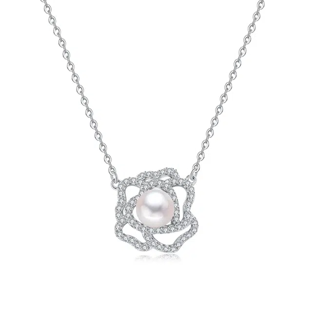 幸囍礼 【送礼臻选】 山茶花 法式时尚古典浪漫花卉 甜美森系甜蜜饰爱颈饰 淡水珍珠 项链 男女同款情侣款