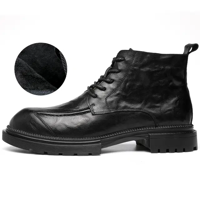 法派 头层羊皮 加绒保暖 中筒 马丁靴 男款 黑色
