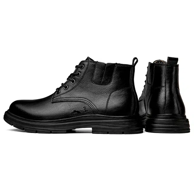 英伦骑士 系带 户外 百搭 防水 厚底增高 复古 真皮 时尚 短筒 马丁靴 男款 黑色