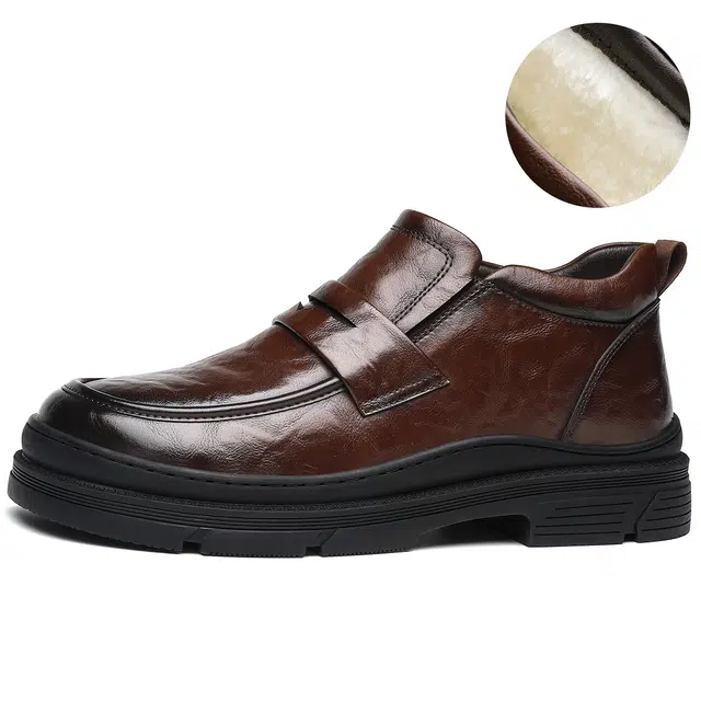 法派 二层牛皮  加绒 套脚 保暖 耐磨轻便 做旧皮面 纯色简约   短靴 男款