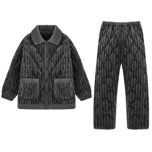 欧诗帛 加厚舒适翻领纯色家居服睡衣套装 男款 图片色