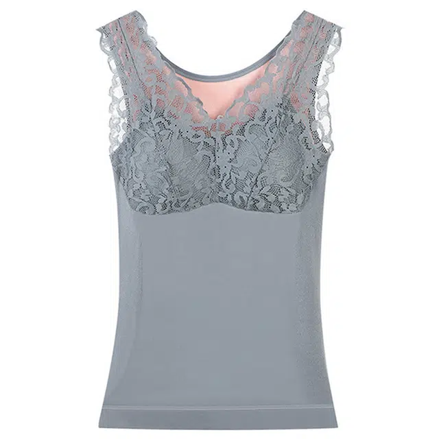 二三二三 舒适加厚加绒带胸垫蕾丝打底保暖上装 女款 灰色