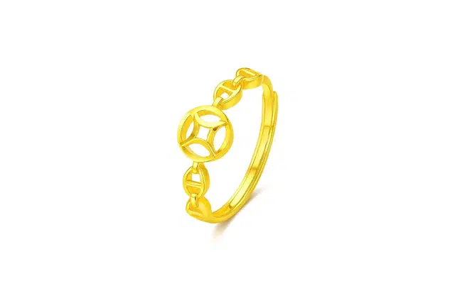 水贝之星 招财进宝 国潮新中式精致吉祥纳福创意设计镂空铜钱财源滚滚开口可调节指环 好运 足金 按克计价 黄金戒指 男女同款情侣款