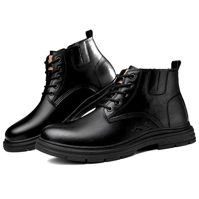 英伦骑士 系带 户外 百搭 防水 厚底增高 复古 真皮 时尚 短筒 马丁靴 男款 黑色