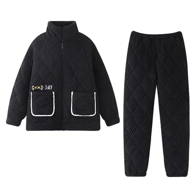 乐姿韵 轻奢高级感珊瑚绒夹棉袄开衫拉链保暖加绒加厚卡通法兰绒青少年长袖长裤睡衣套装 男款 黑色